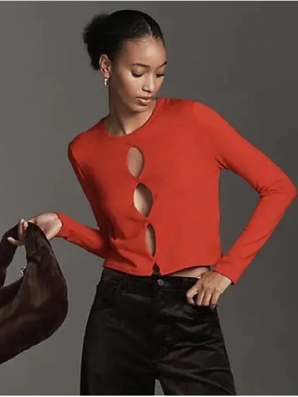 Anthropologie Twisted Cut-Out Sweater Red Knit Viscose Keyhole Long Sleeve Top